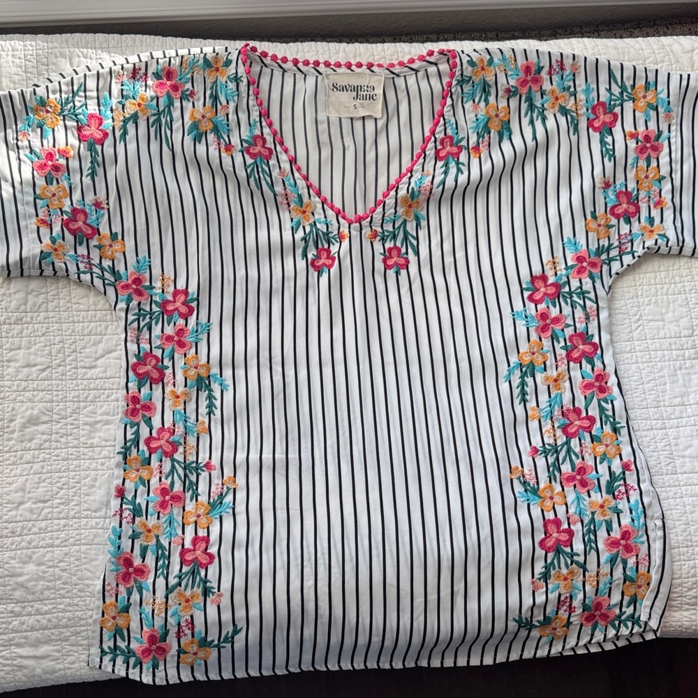 Savanna Jane White Black Striped V-Neck Tunic with Pink Yellow Floral Embroidery